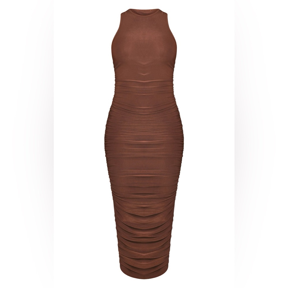 PLT Chocolate Ruched Racer Neck Midaxi Dress ***NWT*** - Picture 2 of 5